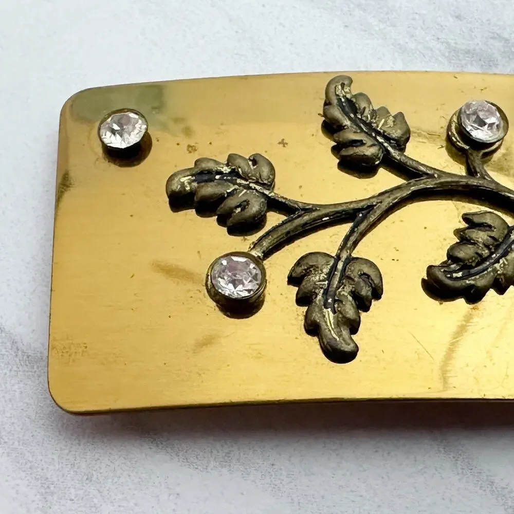 Vintage Rhinestone Floral Gold Tone Cinch Belt Buckle
